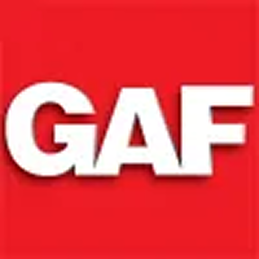 White GAF text with red backdrop